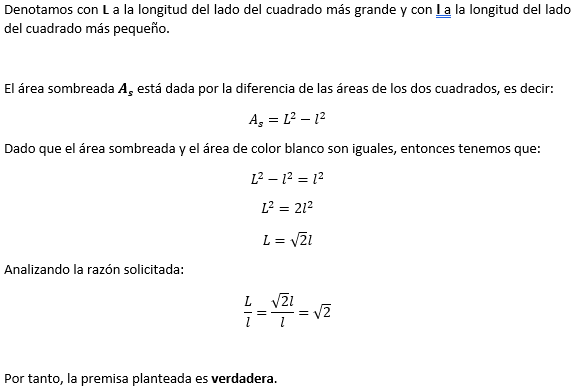 Cuadrados inscritos con comparación de áreas y razón geométrica entre lados.